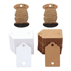 Mixed Color 200Pcs 2 Colors Rectangle with Heart Paper Price Tags, with 1 Board Jute Cord, for Jewelry Display, Mixed Color, 50x30x0.3mm, Hole: 5mm, 100pcs/style