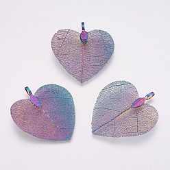 Lilac Natural Leaf Pendants, with Brass Findings, Heart, Lilac, 45~48x40~41x0.6mm, Hole: 3x6mm