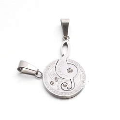 Stainless Steel Color Valentine's Couple Jewelry 304 Stainless Steel Rhinestone Flat Round and Musical Note with Word Love You Pendants, Stainless Steel Color, 28x24x3mm, Hole: 5.5x10.5mm, 12x35.5x3mm, Hole: 5.5x10mm