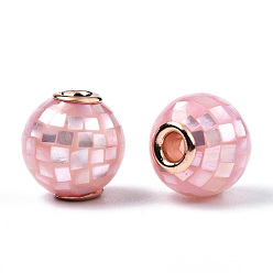 Pink Natural White Shell Beads, with Brass Findings, Round, Dyed, Pink, 10.5~11x10mm, Hole: 2mm
