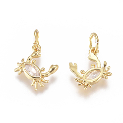 Golden Brass Charms, with Micro Pave Cubic Zirconia and Jump Rings, Crab, Clear, Golden, 9x9x2mm, Hole: 3.5mm