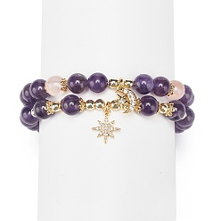 Amethyst 2Pcs 2 Style Natural Amethyst & Rose Quartz Beaded Stretch Bracelets Set, Clear Cubic Zirconia Moon & Star Charms Stackable Bracelets for Women, Inner Diameter: 2-1/8 inch(5.25cm), 1Pc/style