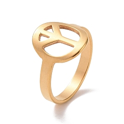 Golden Ion Plating(IP) 201 Stainless Steel Peace Sign Finger Ring, Hollow Wide Ring for Women, Golden, US Size 6 1/2(16.9mm)