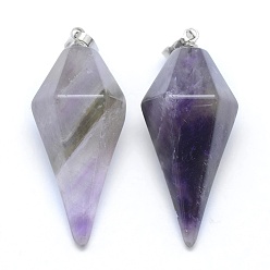 Amethyst Natural Amethyst Pointed Pendants, with Brass Findings, Bullet, Platinum, 38.5x16x14.5mm, Hole: 5x8mm