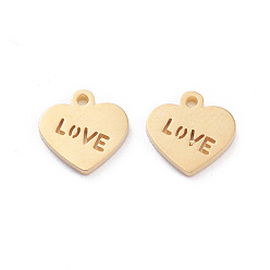 Oro Día de san valentín 304 encantos de acero inoxidable, Corte con laser, corazón con la palabra amor, dorado, 10x10x1 mm, agujero: 1.2 mm