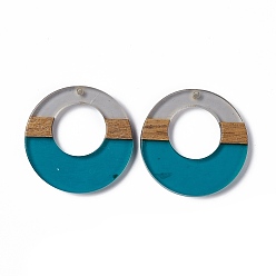 Teal Transparent Resin & Walnut Wood Pendants, Ring Charms, Teal, 38x3.5mm, Hole: 2mm