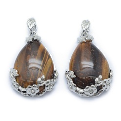 Tiger Eye Natural Tiger Eye Pendants, with Alloy Findings, teardrop, Platinum, 40.5x28.5x10mm, Hole: 4.5x8mm