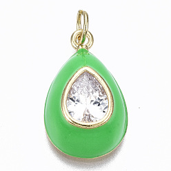 Lime Green Brass Clear Cubic Zirconia Pendants, with Enamel and Jump Rings, Cadmium Free & Nickel Free & Lead Free, Real 16K Gold Plated, Teardrop, Lime Green, 19.5x12x7mm, Jump Ring: 4.8x0.6mm, 3.6mm inner diameter