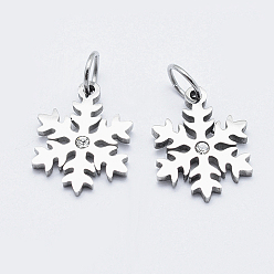 Stainless Steel Color Eco-Friendly 316 Surgical Stainless Steel Micro Pave Cubic Zirconia Charms, Long-Lasting Plated, Snowflake, Stainless Steel Color, 13.5x10.5x1.5mm, Hole: 3.5mm