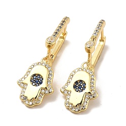 Real 18K Gold Plated Brass Cubic Zirconia Hoop Earrings, Hamsa Hand with Evil Eye Dangle Earring for Women, Real 18K Gold Plated, 29mm, Pin: 0.8mm