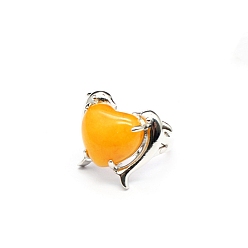 Yellow Jade Natural Yellow Jade Heart Adjustable Rings, Platinum Brass Ring, US Size 8(18.1mm)