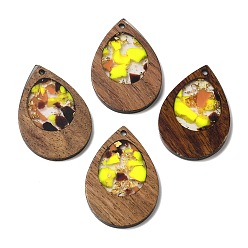 Yellow Wood & Resin Pendant, with Gold Foil, Teardrop Charms, Yellow, 38x25.5x3mm, Hole: 2mm