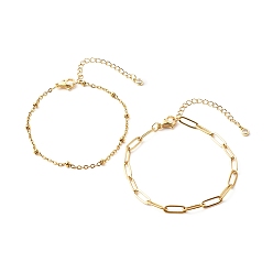 Golden 304 Stainless Steel Paperclip & Satellite Chains Bracelet Set, Golden, 7-1/2 inch(19cm), 2pcs/set