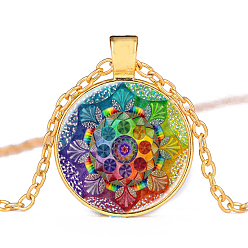 Golden Flower of Life Glass Pendant Necklace, Om Aum Ohm Symbol Alloy Jewelry for Women, Golden, 15.75 inch~19.76 inch(40~50.2cm)