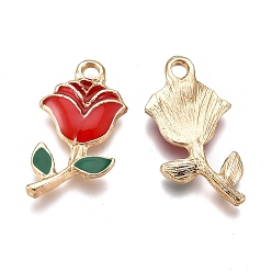 Red Alloy Enamel Pendants, for Valentine's Day, Rose Flowers, Golden, Red, 22.5x12x2.5mm, Hole: 2mm