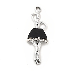Negro Acumular colgantes de esmalte de la aleación de chapado, con diamante de imitación, sin cadmio y níque y plomo, Platino, encanto de bailarina, negro, 35x12x4 mm, agujero: 1.8 mm
