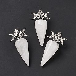 Quartz Crystal Natural Quartz Crystal Pendants, Rock Crystal Pendants, Cone Charms, with Platinum Tone Brass Triple Moon with Star Findings, Cadmium Free & Nickel Free & Lead Free, 47~50x23x14.5~15mm, Hole: 7.5x5mm