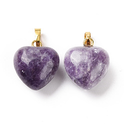 Lepidolite Natural Lepidolite Pendants, with Golden Tone Brass Findings, Heart Charm, 18x15~15.5x6~8mm, Hole: 6x3mm