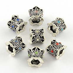 Mixed Color Antique Silver Plated Alloy Rhinestone Large Hole European Beads, Column with Flower, Mixed Color, 9x10mm, Hole: 5mm