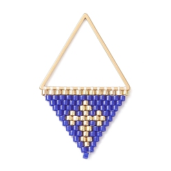 Bleu Pendentifs en perles de rocaille japonaises faites à la main, triangle avec breloques croix, bleu, 37~38x23x2mm, Trou: 17x20mm