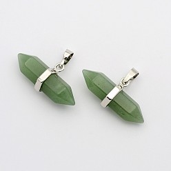 Green Aventurine Natural Green Aventurine Double Terminated Pointed Pendants, with Platinum Plated Brass Findings, Bullet, 15.5x30~35x8~9mm, Hole: 5x7.5mm