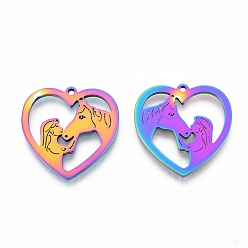 Rainbow Color Pendentifs en acier inoxydable, coeur avec fille et cheval, couleur arc en ciel, 201mm, Trou: 24.5x25x1.5mm