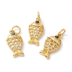 Golden Brass Micro Pave Clear Cubic Zirconia Pendants, Long-Lasting Plated, Lead and Cadmium Free, Fish, Golden, 16x8x2.5mm, Hole: 3.2mm