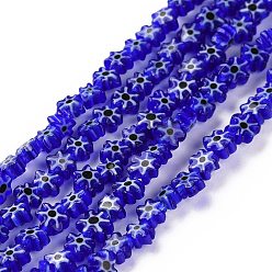 Bleu Foncé Main millefiori perles de verre brins, fleur, bleu foncé, 3.7~5.6x2.6mm, Trou: 1mm, Environ 88~110 pcs/chapelet, 15.75'' (40 cm)