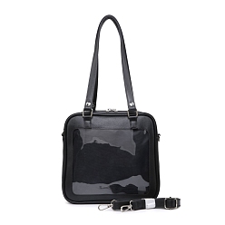 Black PU Leather Shoulder Bags, Square Women Bags, with Clear Window, Black, 24x24x8cm