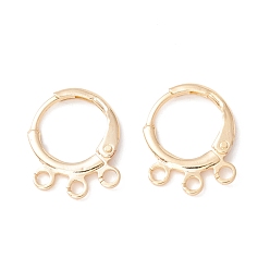Real 14K Gold Plated Brass Huggie Hoop Earring Findings, with 3 Loop, Cadmium Free & Lead Free, Real 14K Gold Plated, 14.5x11.5x2mm, Pin: 0.8mm