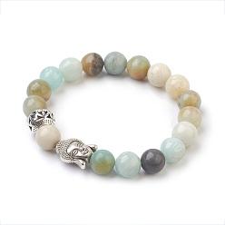 Amazonite Natural Flower Amazonite Beads Stretch Bracelets, with Alloy Findings, Round and Buddha Head, Burlap Packing, Antique Silver, 2-1/4 inch(5.6cm), Bag: 12x8.5x3cm