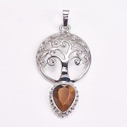 Tiger Eye Brass Pendants, Natural Tiger Eye, Faceted, Hollow Flat Round with Tree of Life and Teardrop, Platinum, 49x27x6mm