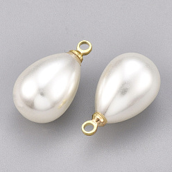 Marfil Colgantes de perlas de imitación de plástico abs, con fornituras de latón, lágrima, real 18 k chapado en oro, blanco cremoso, 17.5x10 mm, agujero: 1.5 mm