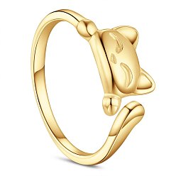 Real 18K Gold Plated SHEGRACE 925 Sterling Silver Cuff Rings, Open Rings, Cat, Real 24K Gold Plated, Size 10, 20mm