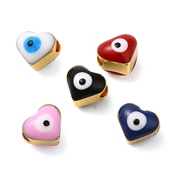 Mixed Color Golden Tone Brass Enamel Beads, Cadmium Free & Lead Free, Long-Lasting Plated, Heart with Evil Eye, Mixed Color, 6x7x6mm, Hole: 2mm
