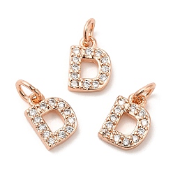 Real Rose Gold Plated Brass Micro Pave Grade AAA Cubic Zirconia Charms, Letter D, Cadmium Free & Nickel Free & Lead Free, Real Rose Gold Plated, 8x5.5x1.5mm, Hole: 2mm