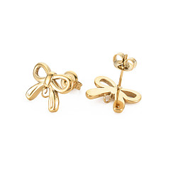 Real 14K Gold Plated Ion Plating(IP) 304 Stainless Steel Stud Earring Findings, with Ear Nuts and Loops, Bowknot, Real 14K Gold Plated, 12x15mm, Hole: 1.8mm, Pin: 0.7mm