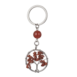 Red Jasper Natural Carnelian & Red Jasper Chips Flat Round with Tree of Life Kcychain, with 304 Stainless Steel Findings, 8cm