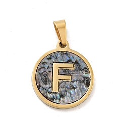 Letter F Vacuum Plating 304 Stainless Steel with Paua Shell Pendants, Golden, Flat Round with Letter Charm, Letter.F, 18x16x1.5mm, Hole: 3x6mm