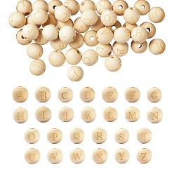 Letter A~Z 104Pcs 26 Style Unfinished Natural Wood European Beads, Large Hole Beads, Laser Engraved Pattern, Round with Letter, for Jewelry Making, Letter A~Z, 15~16x14~15mm, Hole: 4mm, 4pcs/Style