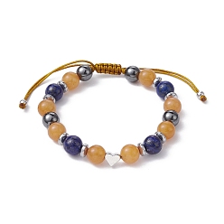 Lapis Lazuli Natural Red Aventurine & Lapis Lazuli & Brass Heart Braided Bead Bracelet, Adjustable Bracelet for Women, Inner Diameter: 2-1/8~3-3/8 inch(5.4~8.6cm)