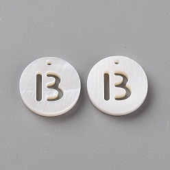 Letter B Natural Freshwater Shell Pendants, Flat Round with Letter, Letter.B, 12x1.5mm, Hole: 1mm