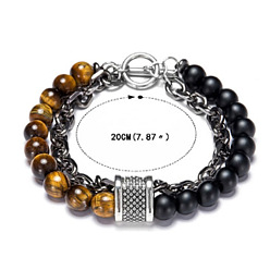 Tiger Eye Natural Tiger Eye Beaded Double Layer Multi-strand Bracelets, with Iron Chains, 7-7/8 inch(20cm)