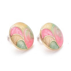 Colorful Flat Round Enamel Stud Earrings, Brass Jewelry for Women, Light Gold, Colorful, 18mm, Pin: 0.7mm