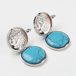 Synthetic Turquoise Synthetic Turquoise Pendants, with Brass Diffuser Locket Findings, Flat Round with Tree, 31x25x8mm, Hole: 4mm