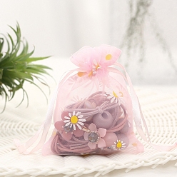 Pink Organza Flower Printed Jewellery Storage Pouches, Wedding Favour Party Mesh Drawstring Gift Bags, Rectangle, Pink, 14x10cm