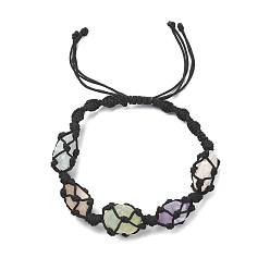 Noir Bracelets de perles tressés en cristal de quartz naturel teint, pochette macramé fil nylon bracelet réglable pour femme, noir, diamètre intérieur: 2~3-7/8 pouce (5~9.8 cm)