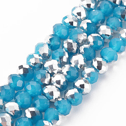 Deep Sky Blue Electroplate Glass Beads Strands, Imitation Jade, Half Silver Plated, Faceted, Rondelle, Deep Sky Blue, 6x5mm, Hole: 1mm, about 85~88pcs/strand, 16.1~16.5 inch(41~42cm)