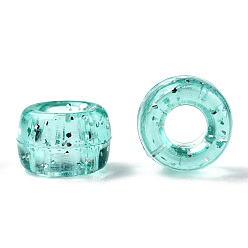 Turquoise Perles en plastique transparentes, avec de la poudre de paillettes, baril, turquoise, 9x6mm, Trou: 3.8mm, environ1900 pcs / 500 g