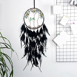 Black Iron & Woven Web/Net with Feather Pendant Decorations, with Glass & Wood Beads, for Home Hanging Decorations, Black, 700x160mm